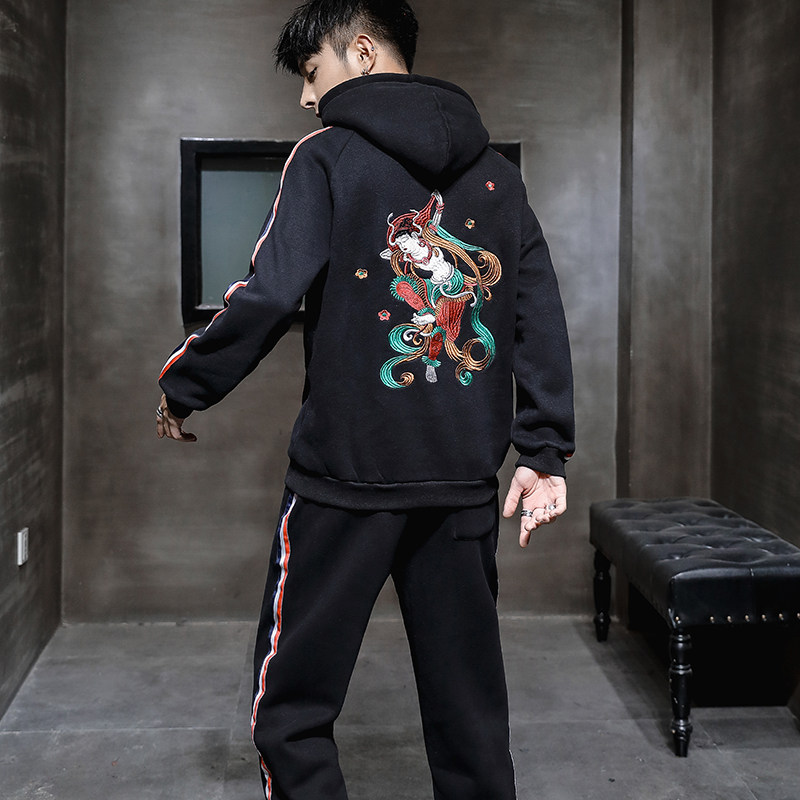 秋冬季日系风粹敦煌刺绣套装连帽上衣宽松B370-TZ22特批P60,男装休闲套装,电商B370-A
