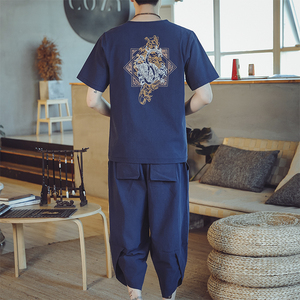 常年款春夏秋季风刺绣套装棉麻T恤短袖七分裤B370-TZ42P50图片