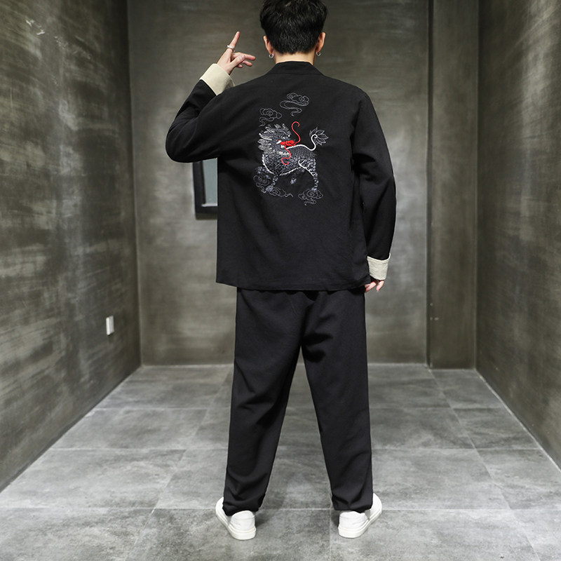 常年款春夏秋风棉麻仙鹤麒麟刺绣大码上衣套装b370-TZ80P70,男装休闲套装,电商B370-A