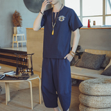常年款春夏秋季风刺绣套装棉麻T恤短袖七分裤B370-TZ41P50，男装牛仔裤，电商B370-A