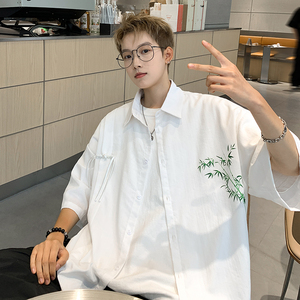 夏秋季新中式风复古竹子印花竹节棉短袖衬衫B370-CS2411特P40图片