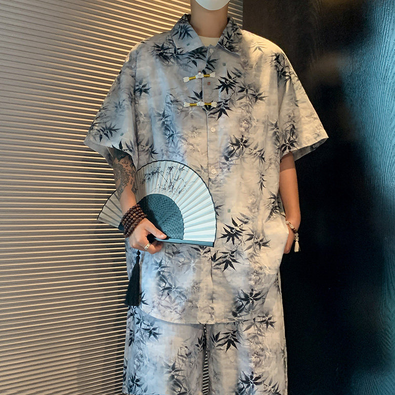 夏季新中式风冰丝宽松上衣花衬衫沙滩裤套装XTZ2419-特P65,男装衬衫,电商B370-A