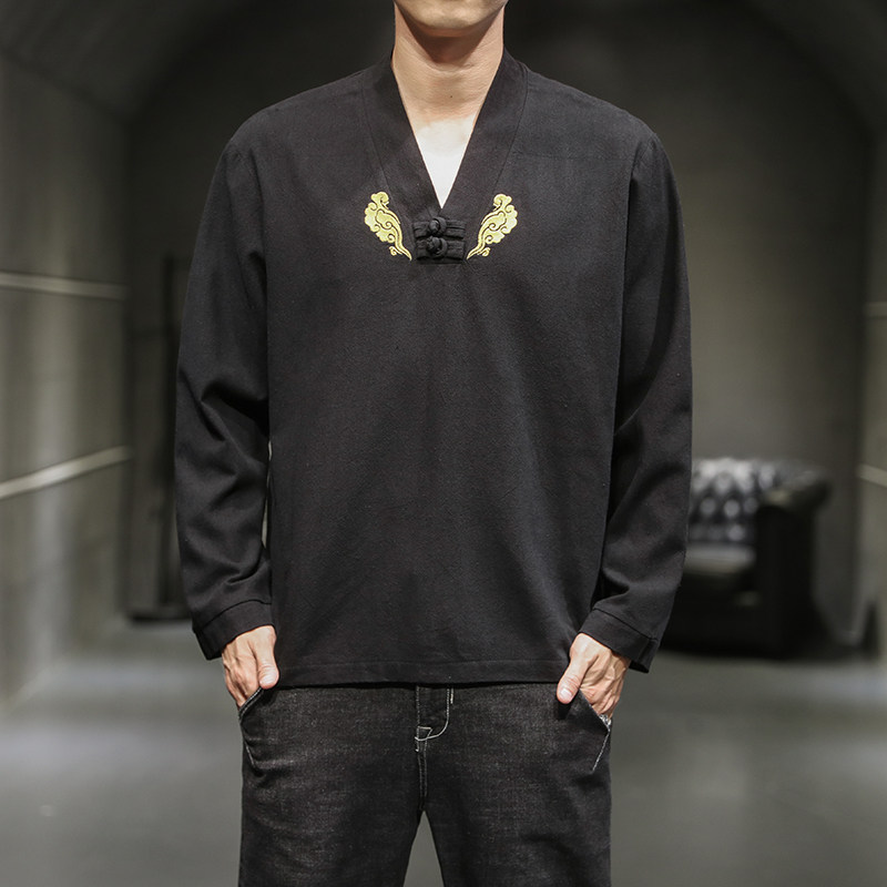 现货春秋新款男装风刺绣长袖T恤打底衫上衣QT4015-JK203P40图片