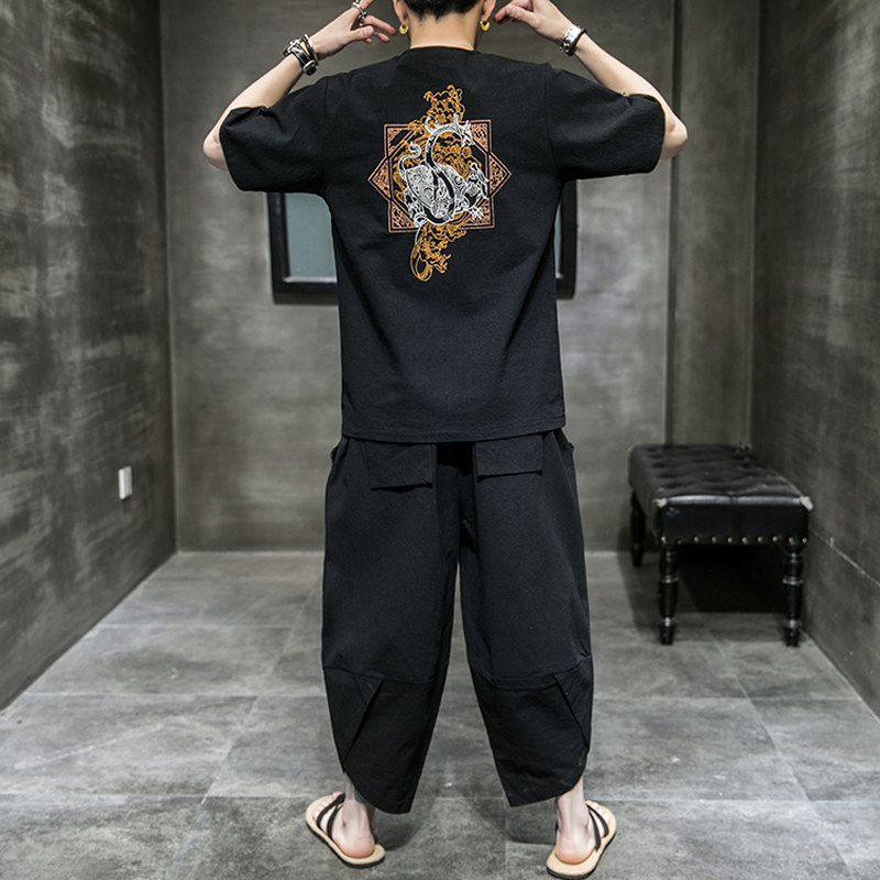 常年款春夏秋季风刺绣套装棉麻T恤短袖七分裤B370-TZ42P50,男装牛仔裤,电商B370-A