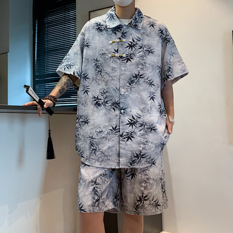 夏季新中式风冰丝宽松上衣花衬衫沙滩裤套装XTZ2419-特P65,男装衬衫,电商B370-A