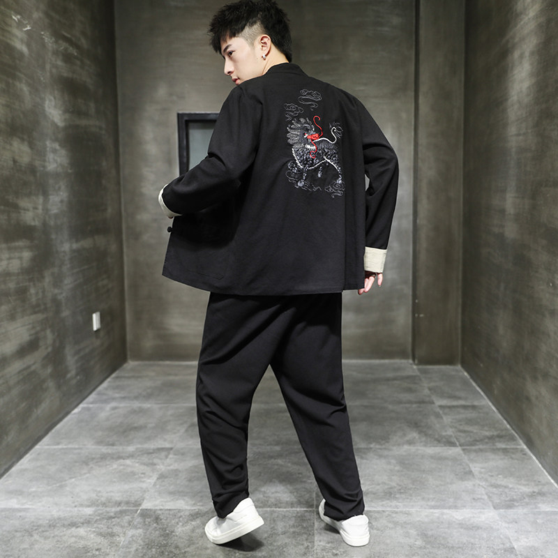 常年款春夏秋风棉麻仙鹤麒麟刺绣大码上衣套装b370-TZ80P70,男装休闲套装,电商B370-A