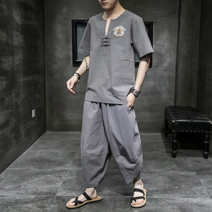 常年款春夏秋季风刺绣套装棉麻T恤短袖七分裤B370-TZ41P50图片