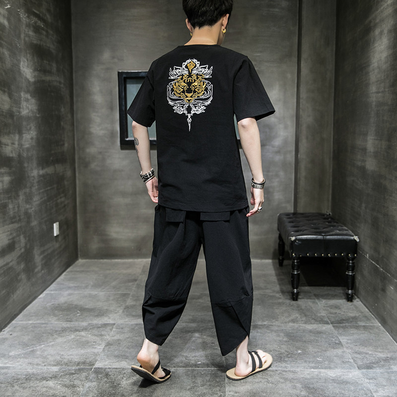 常年款春夏秋季风刺绣套装棉麻T恤短袖七分裤B370-TZ41P50,男装牛仔裤,电商B370-A