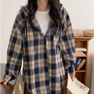 韩版春秋季经典连帽格子衬衫原宿风休闲衬衣设计感长袖大码外套女