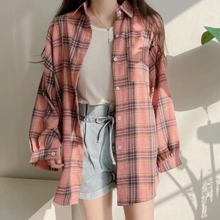 韩版春季宽松oversize长袖复古格子衬衫原宿风休闲长袖百搭外套女