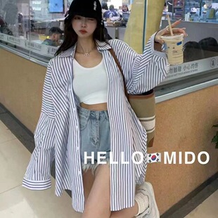 韩版夏大码宽松条纹衬衫时尚宽松长袖原宿风个性灯笼袖衬衣外套女