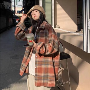 韩版春秋磨毛呢子格子衬衫加厚休闲大码宽松毛呢衬衣外套大衣女潮