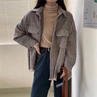 韩版秋冬新款流苏oversize宽松毛呢条纹衬衫双口袋休闲外套女衬衣