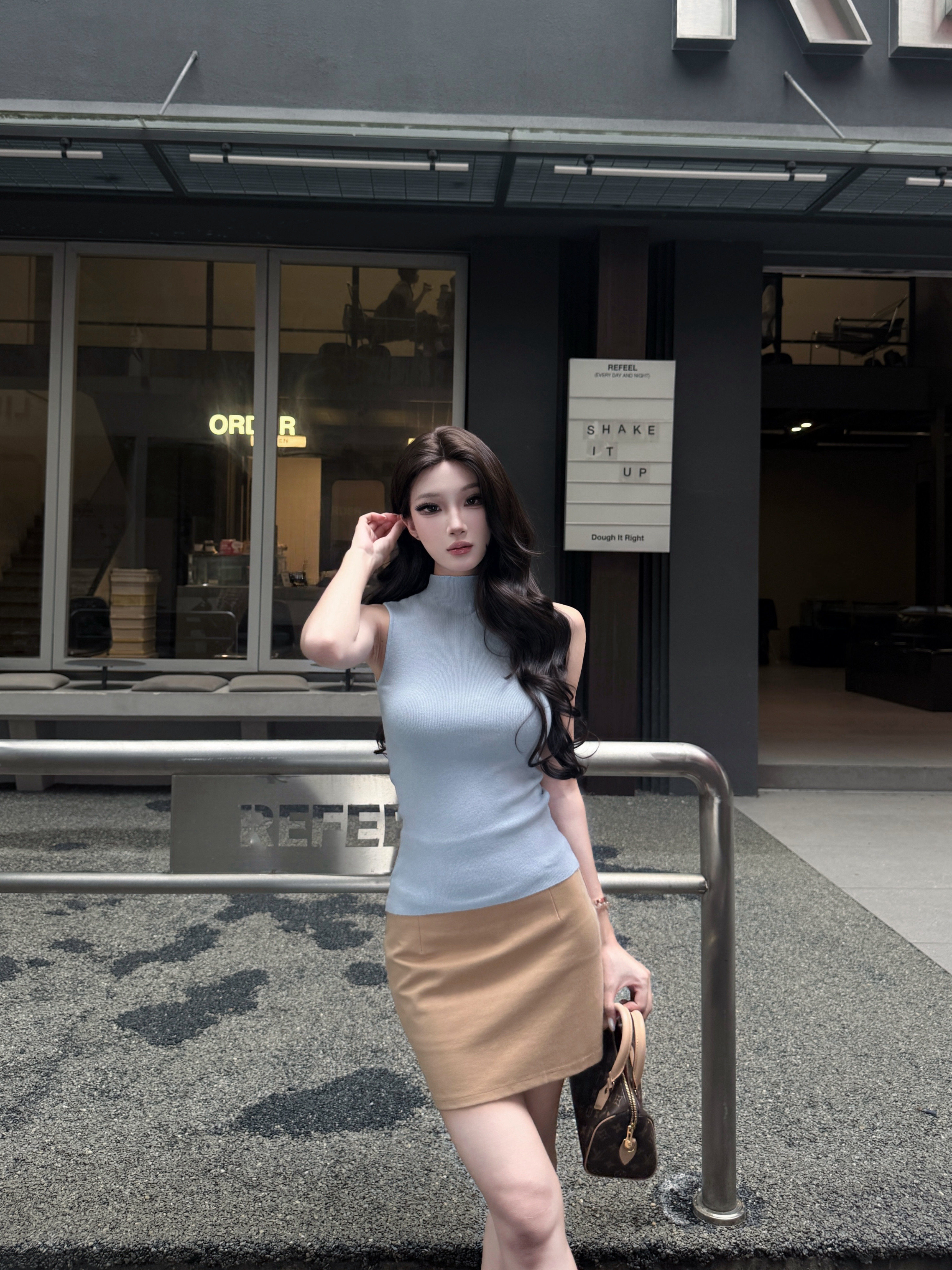 AWMUMU高智风卡其高腰西装半身裙女修身弹力显瘦包臀短裙a字裙子
