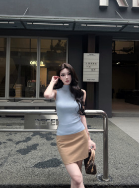 AWMUMU高智风卡其高腰西装半身裙女修身弹力显瘦包臀短裙a字裙子