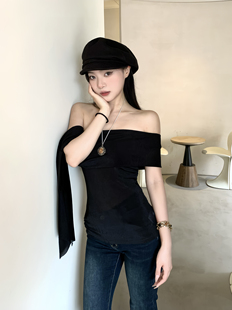 AWMUMU纯欲风一字领抹胸短袖T恤女夏季高级感辣妹修身露肩上衣女