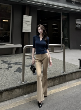 AWMUMU纯欲风高腰显瘦包臀喇叭裤女百搭显腿长微喇卡其色休闲裤女