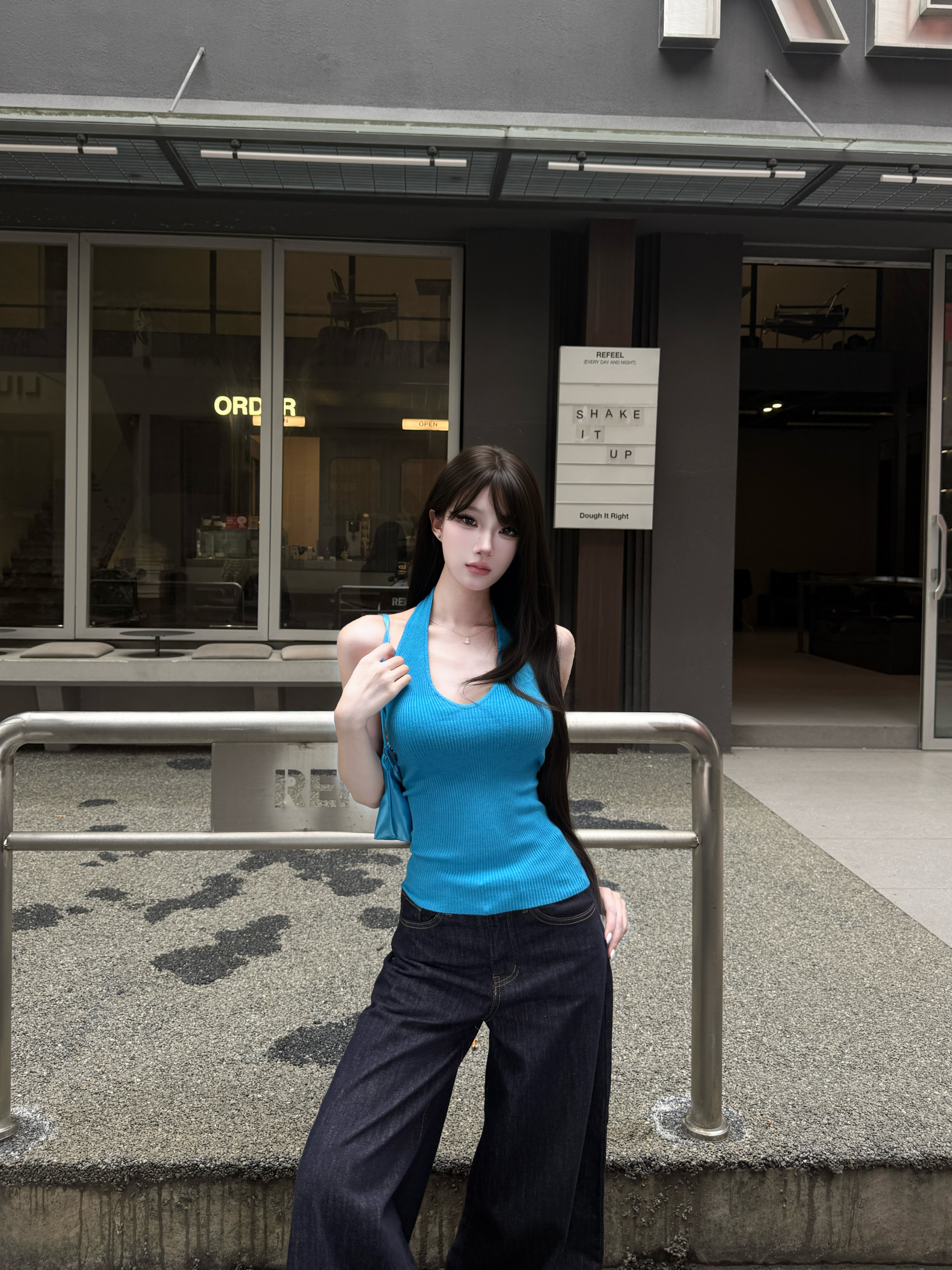 AWMUMU美式辣妹性感蓝色挂脖吊带背心女纯欲V领修身显瘦外穿上衣