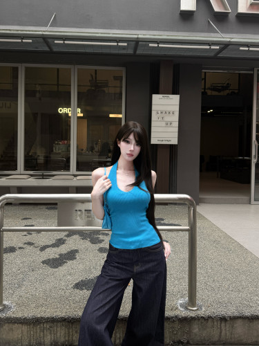 蓝色挂脖吊带背心女外穿上衣