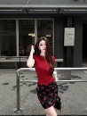 AWMUMU夏季新款针织V领短袖T恤女短款辣妹纯欲上衣玫瑰花半裙套装