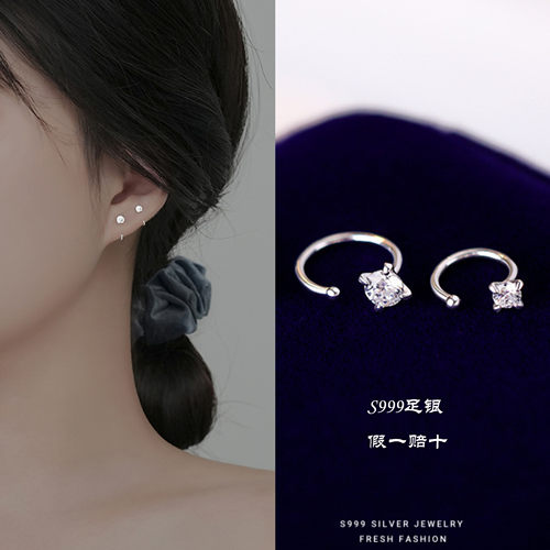 S999足银四爪锆石耳钩女养耳洞睡觉免摘耳环耳饰2026新款爆款耳钉