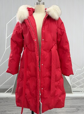 波司登红色狐狸毛领奢华收腰气质长款喜庆过年羽绒服