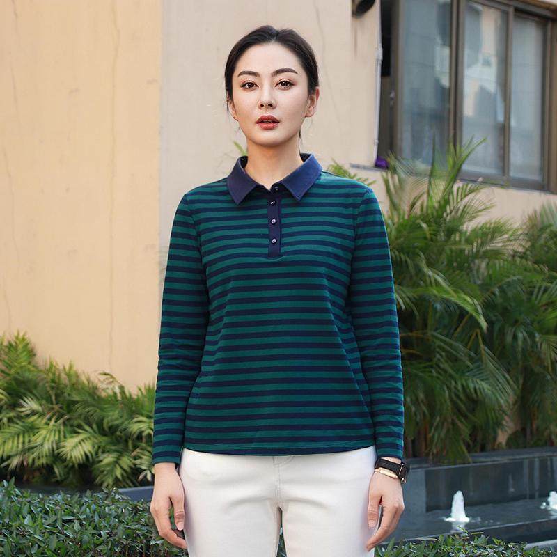 葵长袖条纹棉微弹妈妈T恤衫