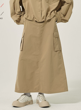 佐料原创设计时尚简约高腰A型多口袋长款半身裙子杏女装ZDC1B160