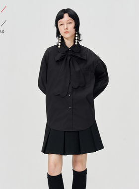 佐料原创设计蝴蝶结系带口袋宽松气质不规则长袖衬衫女装ZDA4H061