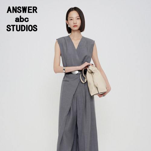 answer高腰无袖连体长裤压褶设计