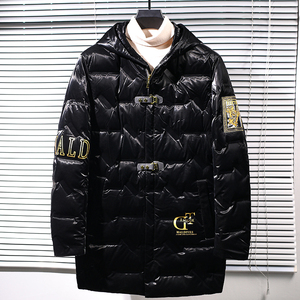 酷黑漆皮面羽绒服冬潮流帅气中长款欧货男装棉服时尚金色拉链J54
