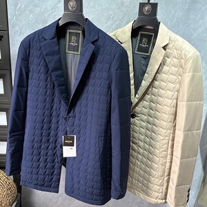 菱形格商务休闲棉服西装领薄棉衣外套时尚简约修身秋冬男单西D41