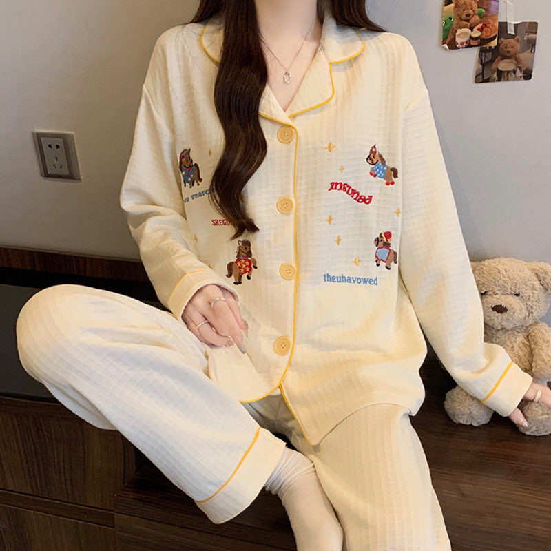 韩版纯色甜美卡通刺绣休闲夹层空气棉保暖睡衣女士家居服套装