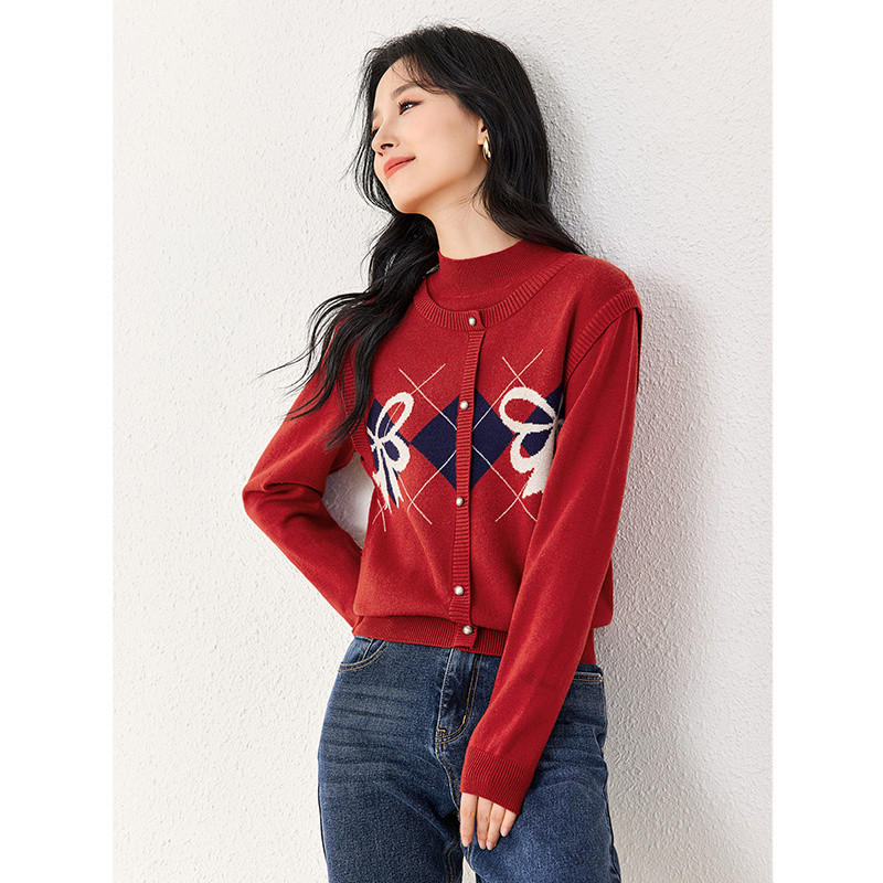 欧昵雪2023冬季新款休闲半高领蝴蝶结加厚毛衣女长袖宽松套头上衣