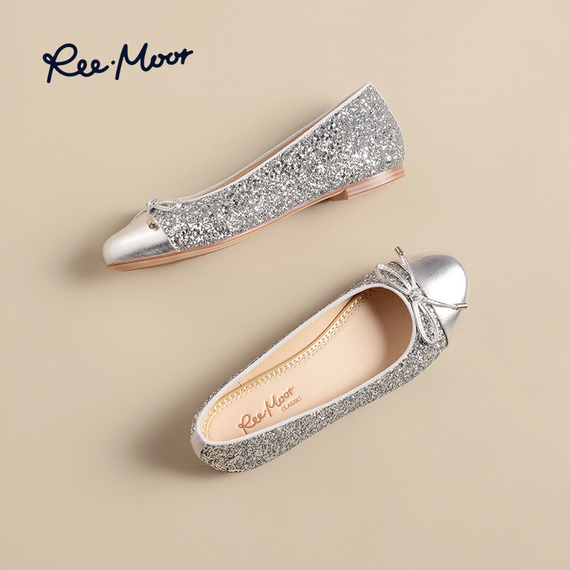 REEMOOR睿慕圆头平底蛋卷鞋2026春夏新款小香风亮片浅口单鞋女