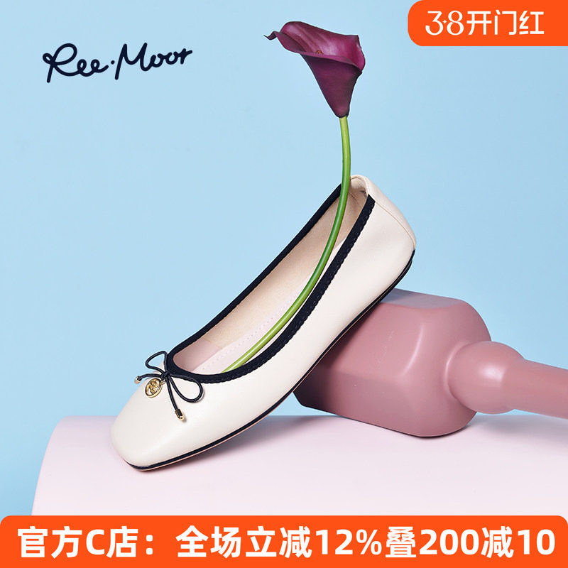 reemoor睿慕2026款复古蝴蝶结低跟小香风方头法式蛋卷平底单鞋女