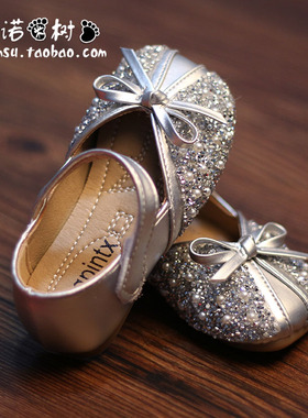 女宝单鞋1-2-3-14岁软底浅口女宝宝小皮鞋女童蝴蝶结公主水晶鞋子