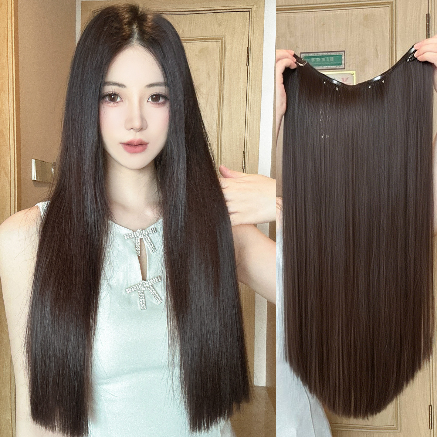 假发片女一片式齐发尾黑长直超轻薄接发片蓬松增发量仿真发补发片 - 实物图