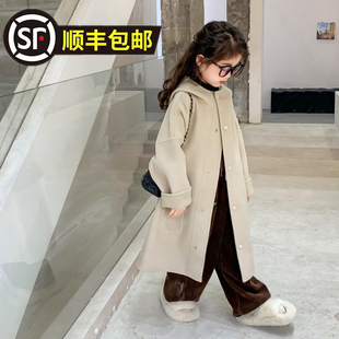 女童双面呢加厚大衣童装韩版儿童连帽新款秋冬毛呢子中长外套