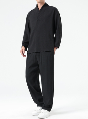 中国风夏季男士冰丝长袖t恤裤子套装宽松薄款套装CK063P110