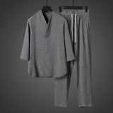 风夏季男士冰丝复古t恤宽松大码禅服薄款半袖套装CK053P110，男装T恤，星座409-1