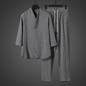 风夏季男士冰丝复古t恤宽松大码禅服薄款半袖套装CK053P110图片