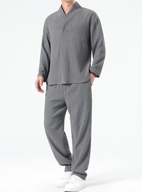 中国风夏季男士冰丝长袖t恤裤子套装宽松薄款套装CK063P110