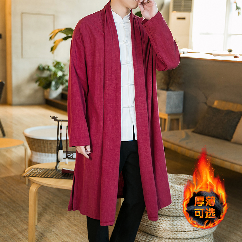 2025男装加绒中国风道袍披风宽松亚麻开衫休闲中长款对襟风衣