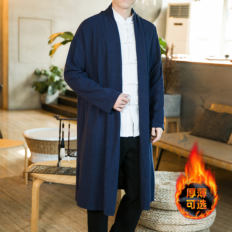 2025男装加绒中国风道袍披风宽松亚麻开衫休闲中长款对襟风衣