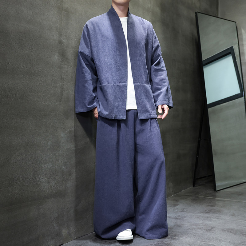 开衫唐装风棉麻禅修居士茶服大码披风汉服套装M910K013P160,男装休闲套装,星座409-1