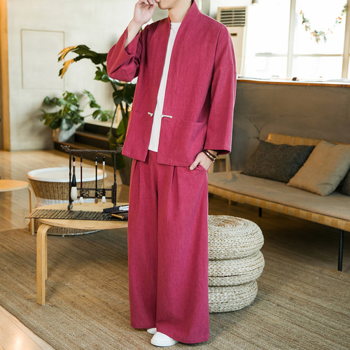 中式布扣唐装男士亚麻汉服民族风棉麻茶艺古装套装M911K013P160