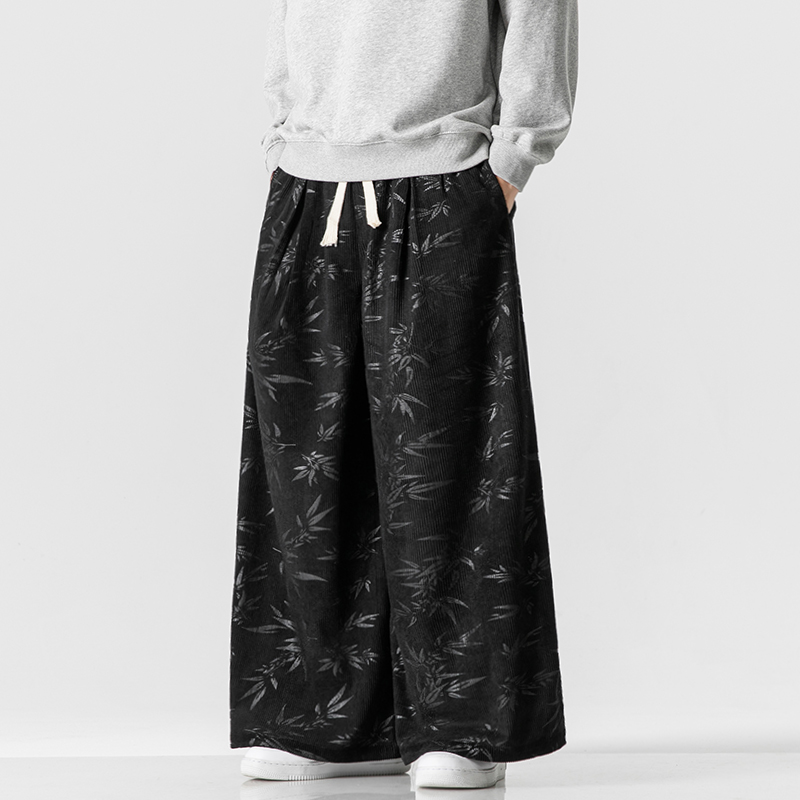 秋冬中国风灯芯绒休闲长裤直筒阔腿裤日系复古条绒哈伦裤K039P55