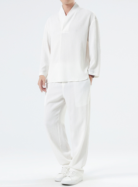 中国风夏季男士冰丝长袖t恤裤子套装宽松薄款套装CK063P110