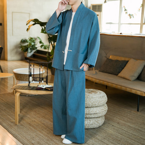 中式布扣唐装男士亚麻汉服民族风棉麻茶艺古装套装M911K013P160